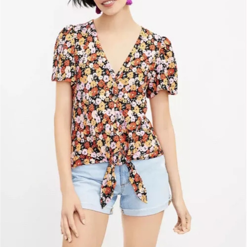 LOFT Black Floral Short-Sleeve V-Neck Blouse